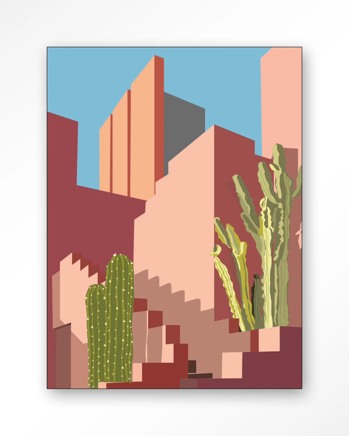Botanical Stairs – stad in roze met cactussen – Wandkleed – Frame – zwart