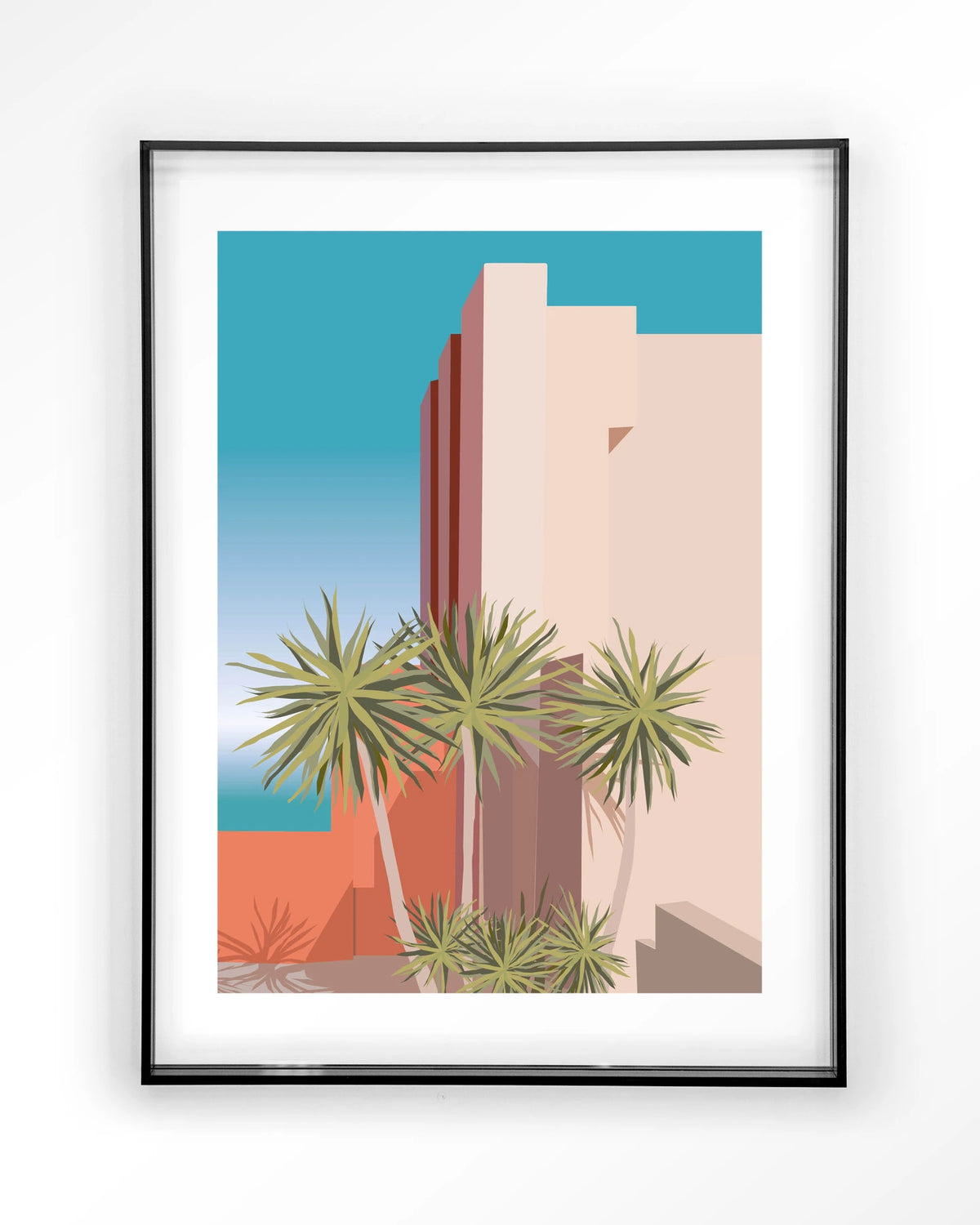 Tropical Place – palmbomen bij roze gebouw – Art print – Acryl zwart