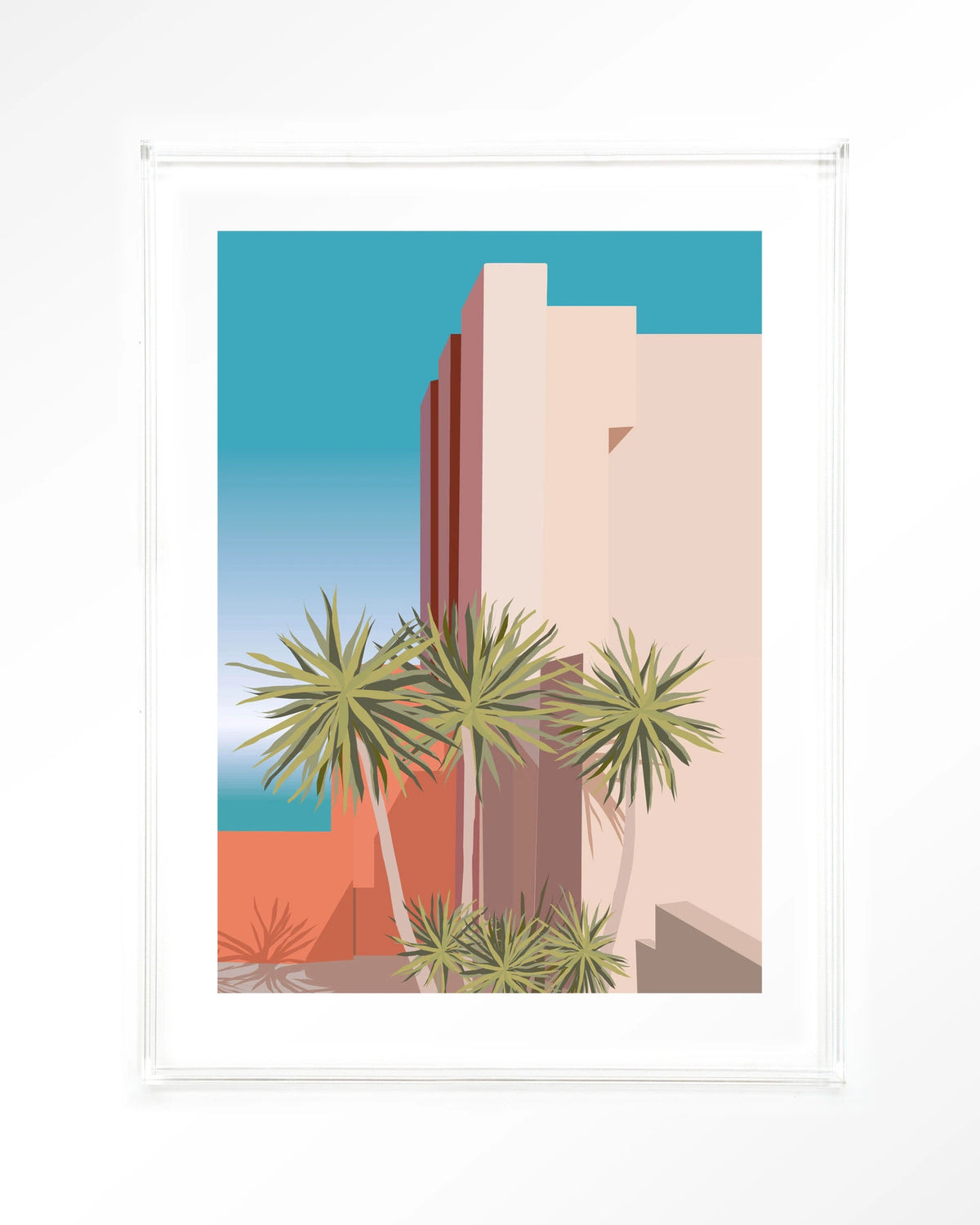 Tropical Place – palmbomen bij roze gebouw – Art print – Acryl doorzichtig