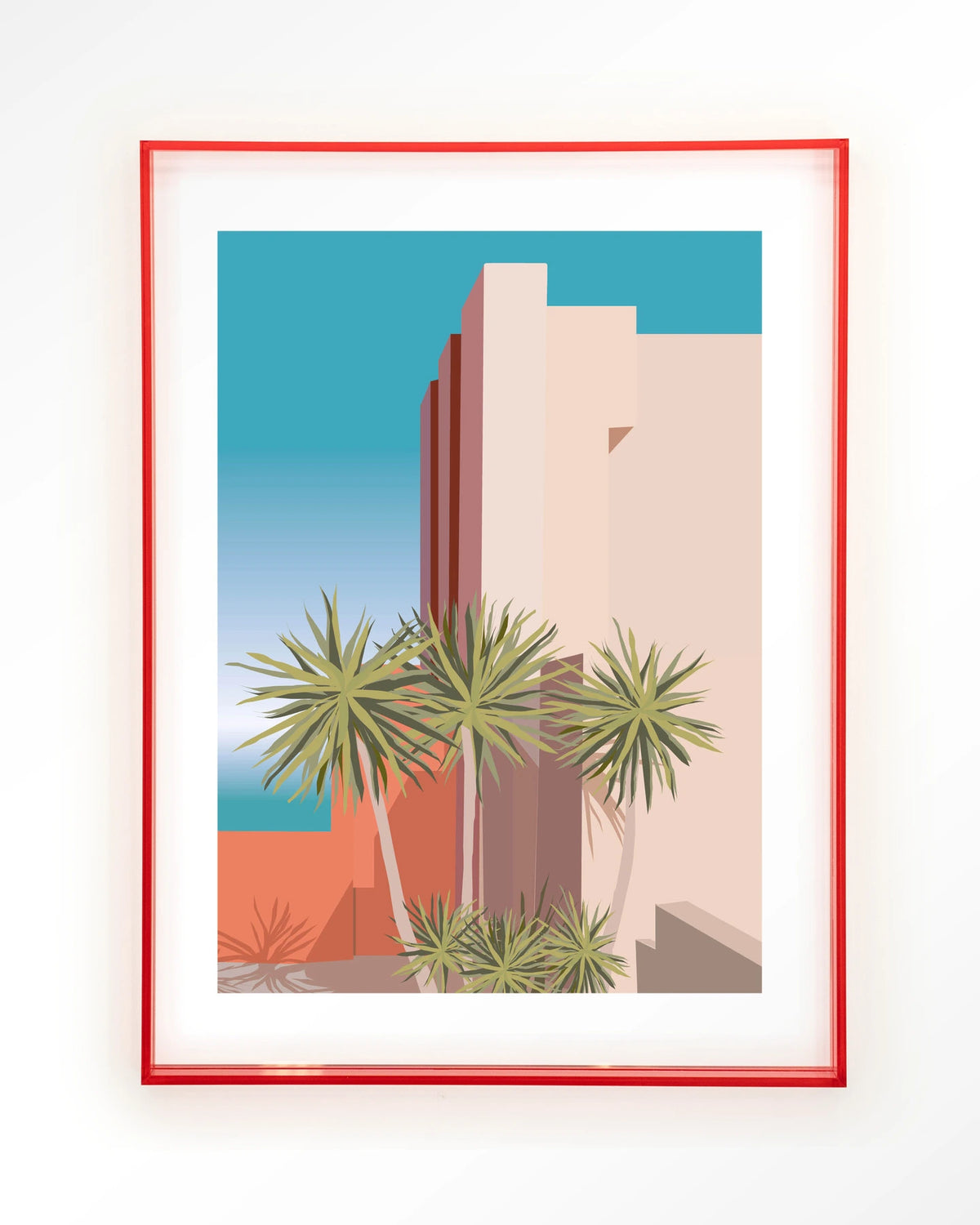Tropical Place – palmbomen bij roze gebouw – Art print – Acryl roze