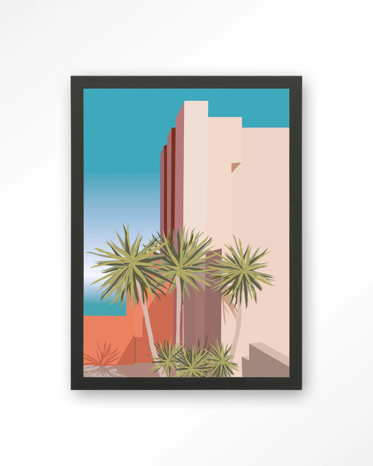 Tropical Place – palmbomen bij roze gebouw – Art print – Hout zwart