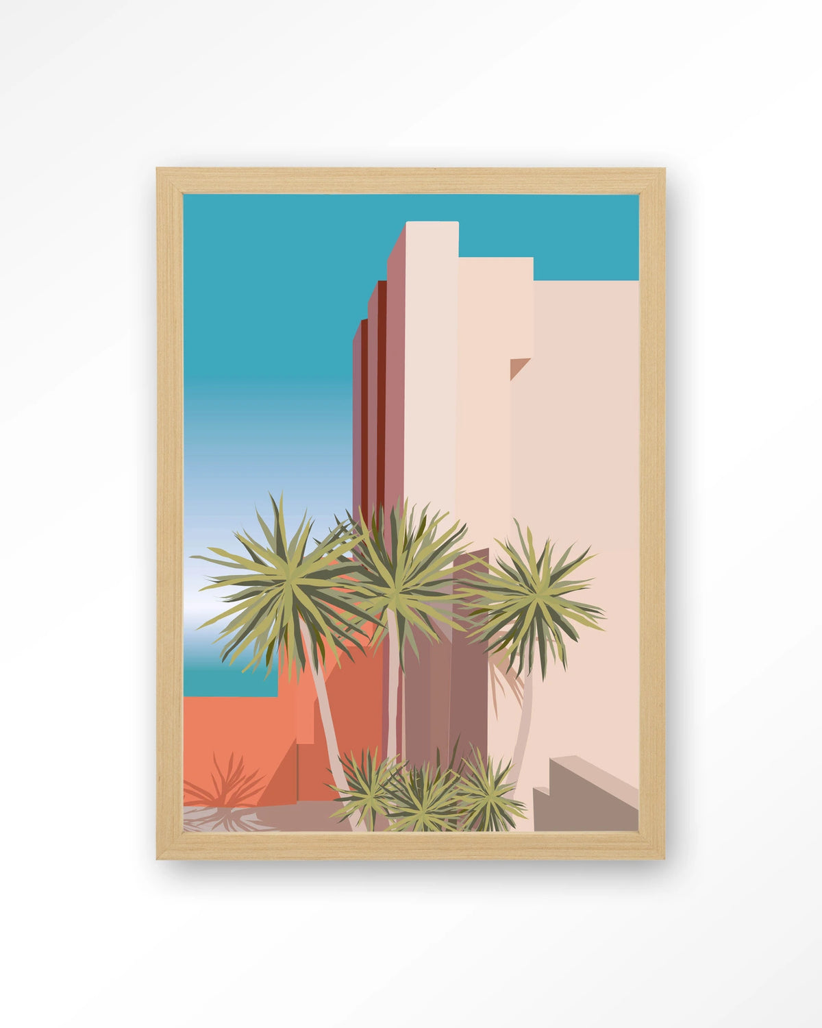 Tropical Place – palmbomen bij roze gebouw – Art print – Hout naturel