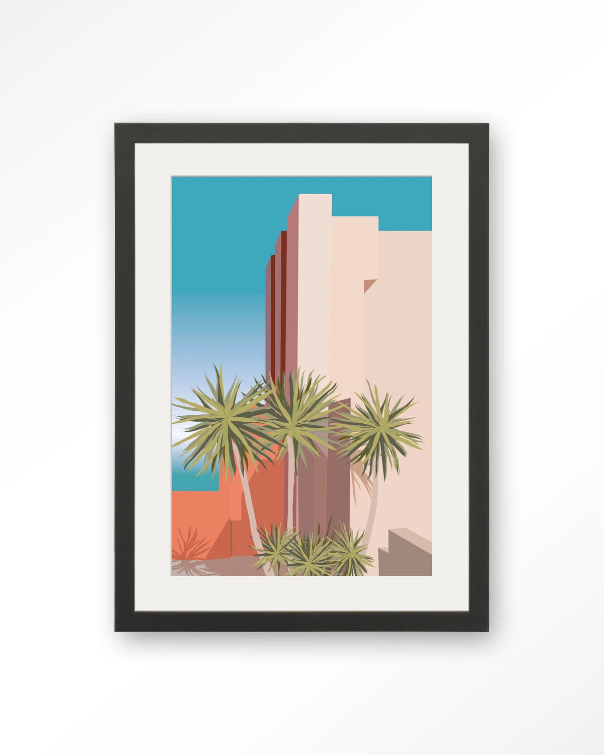 Tropical Place – palmbomen bij roze gebouw – Art print – Hout zwart + passe-partout