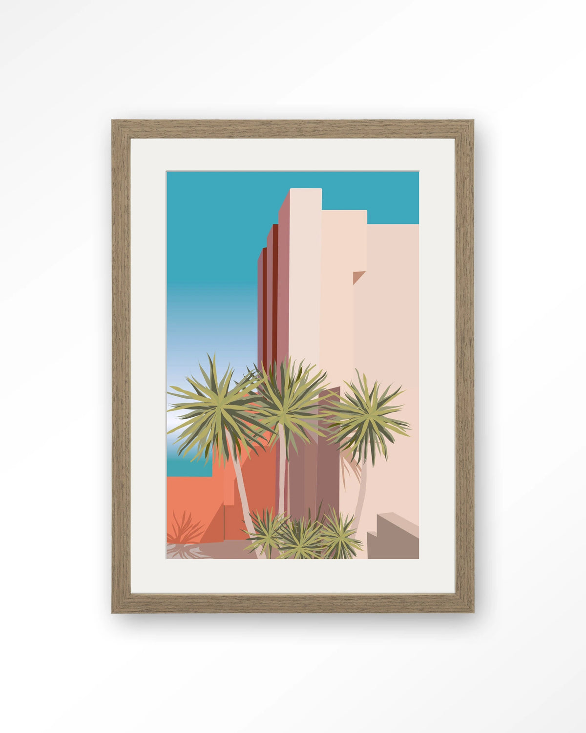 Tropical Place – palmbomen bij roze gebouw – Art print – Hout bruin + passe-partout