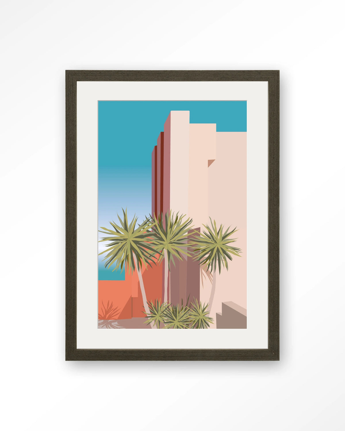 Tropical Place – palmbomen bij roze gebouw – Art print – Hout donkerbruin + passe-partout