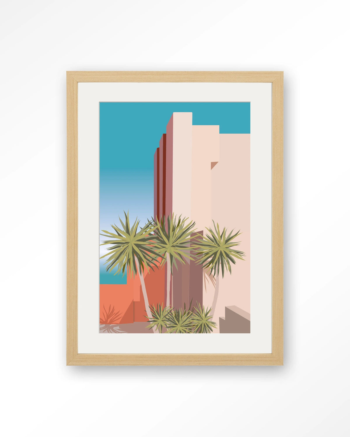 Tropical Place – palmbomen bij roze gebouw – Art print – Hout naturel + passe-partout