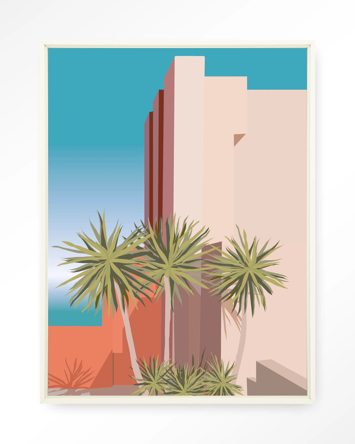 Tropical Place – palmbomen bij roze gebouw – Wandkleed – Floating frame – wit