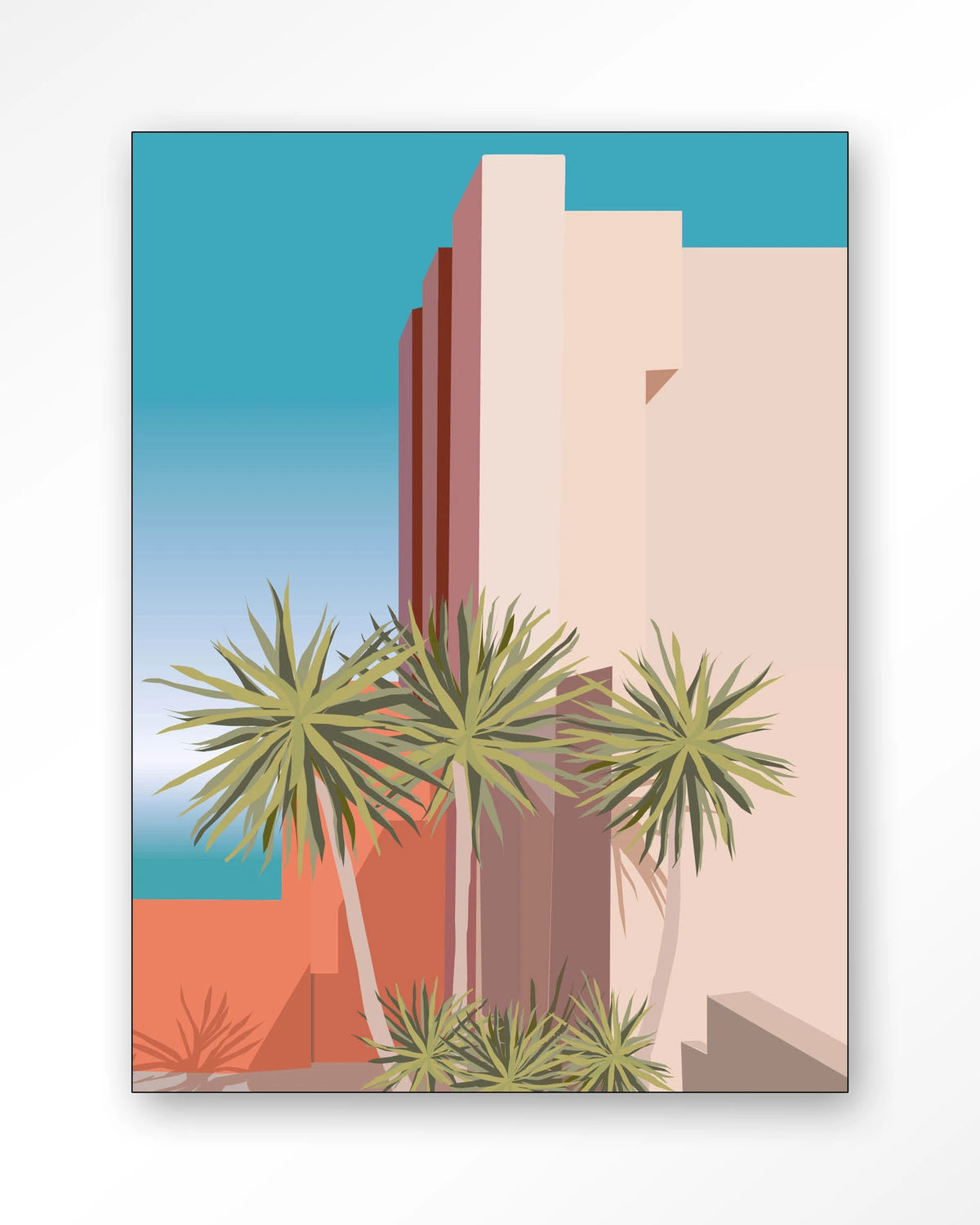 Tropical Place – palmbomen bij roze gebouw – Wandkleed – Frame – zwart