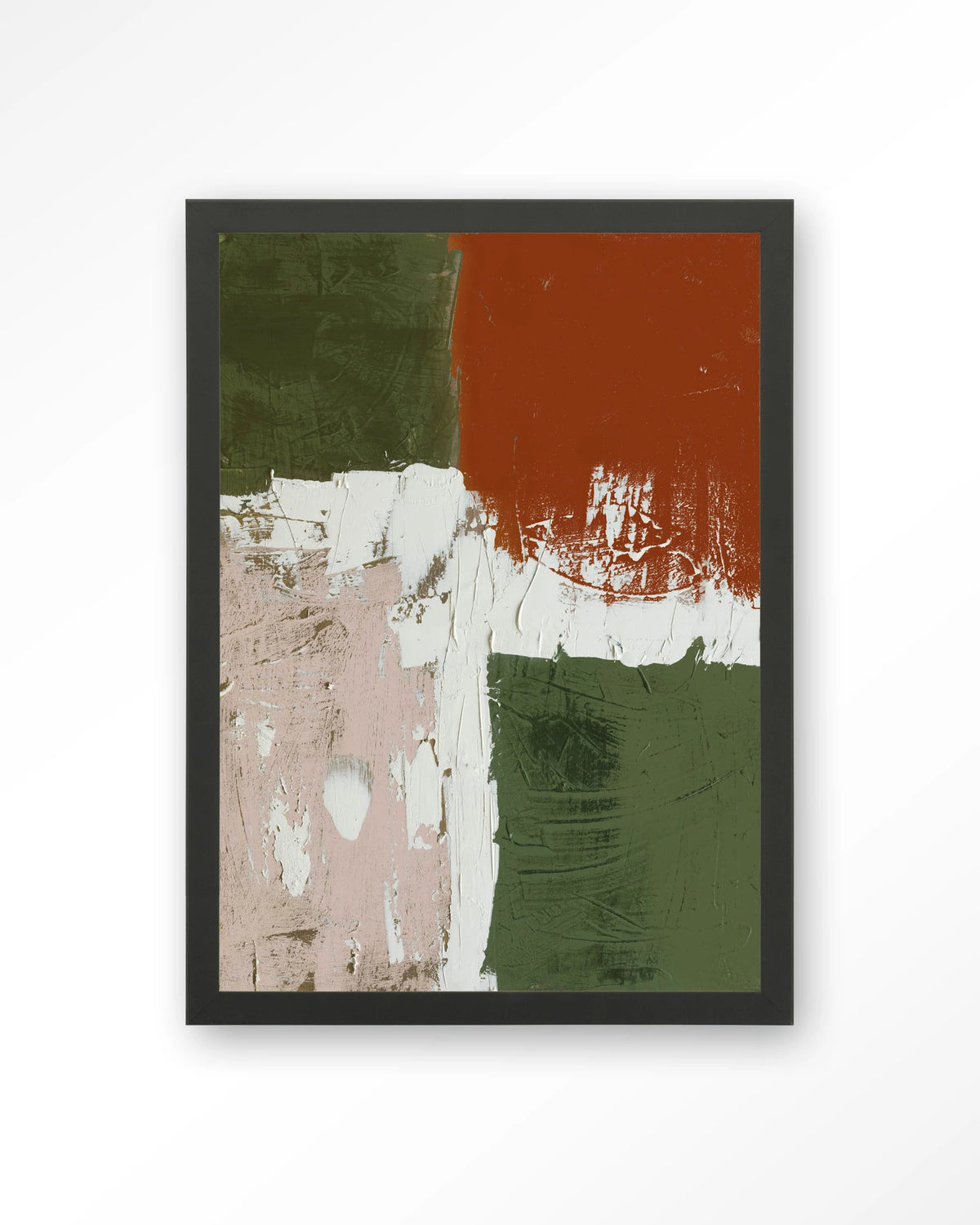 Artistic Chaos – abstract in groen en terracotta – Art print – Hout zwart