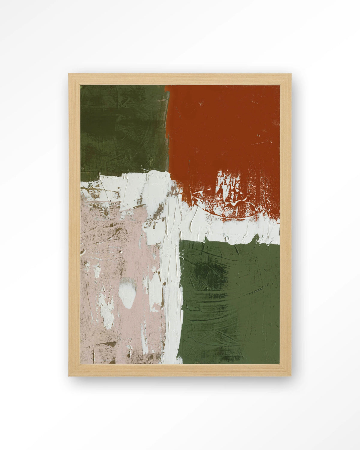 Artistic Chaos – abstract in groen en terracotta – Art print – Hout naturel
