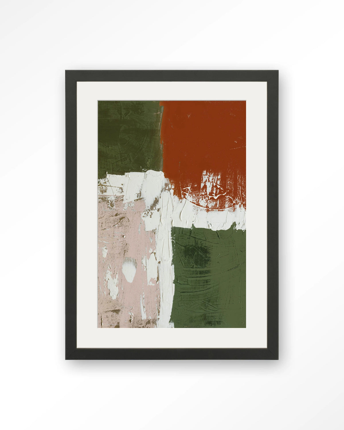 Artistic Chaos – abstract in groen en terracotta – Art print – Hout zwart + passe-partout