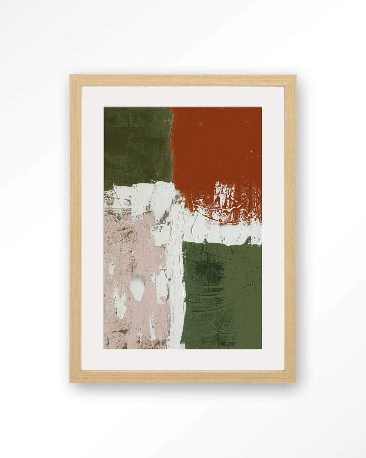 Artistic Chaos – abstract in groen en terracotta – Art print – Hout naturel + passe-partout
