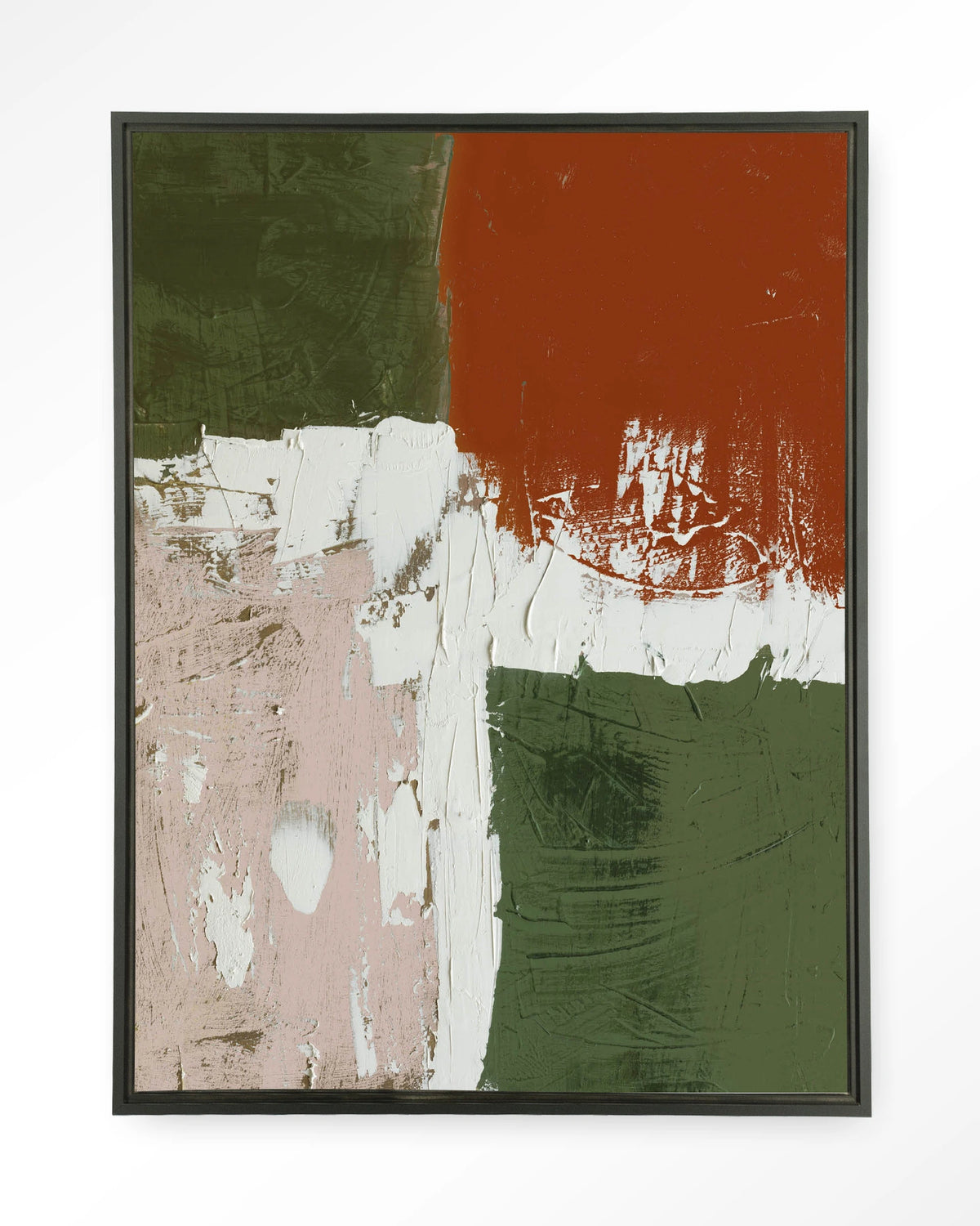 Artistic Chaos – abstract in groen en terracotta – Wandkleed – Floating frame – zwart