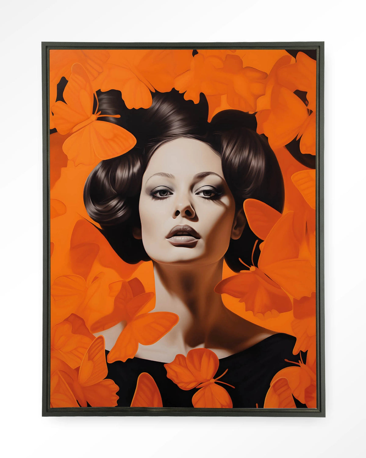 Abby – vrouw met oranje vlinders – Wandkleed – Floating frame – zwart