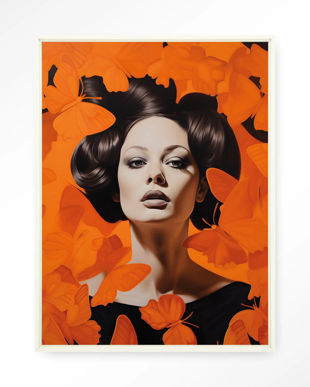 Abby – vrouw met oranje vlinders – Wandkleed – Floating frame – wit