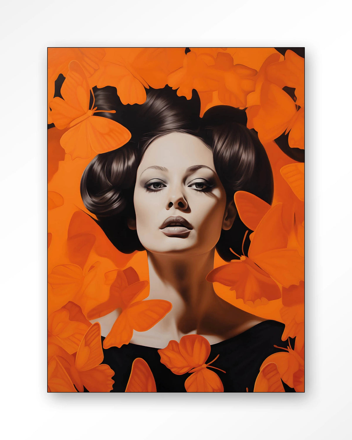 Abby – vrouw met oranje vlinders – Wandkleed – Frame – zwart