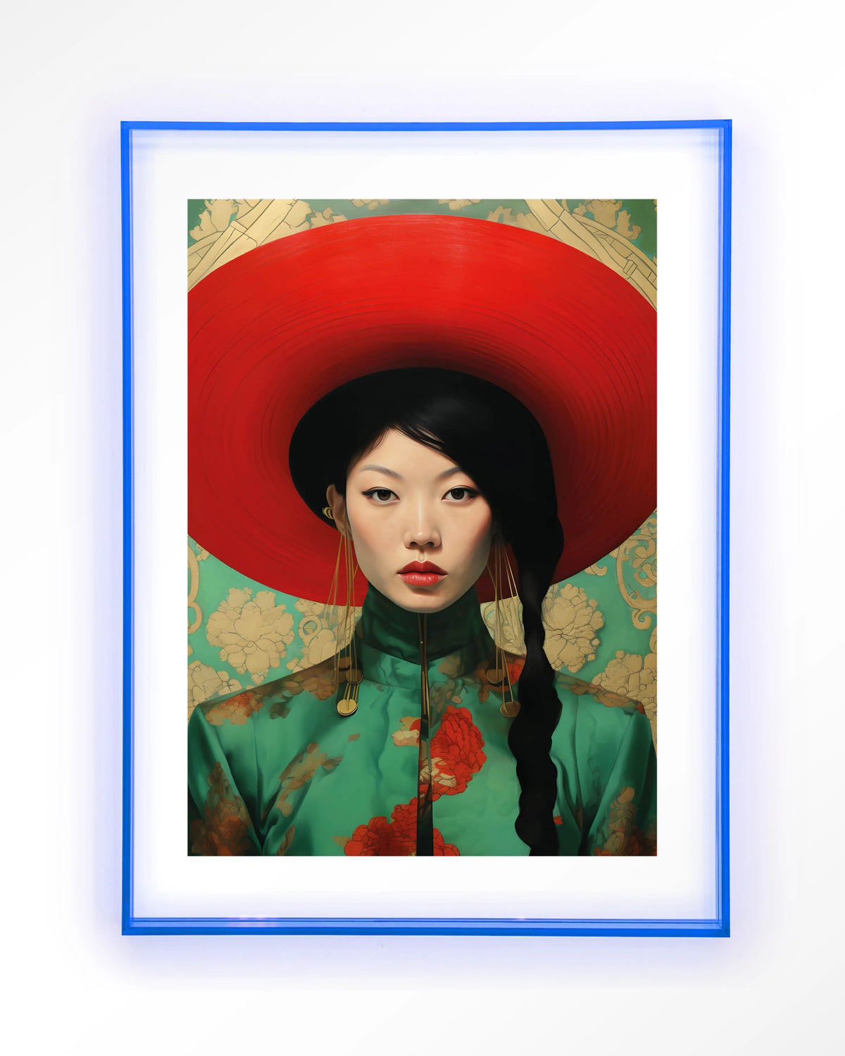 Amy – portret van Aziatische vrouw met rode hoed – Art print – Acryl lichtblauw