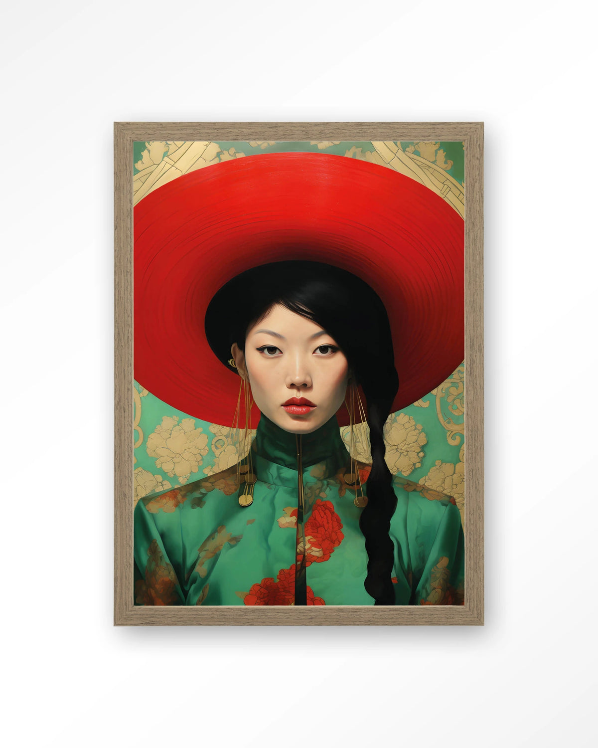 Amy – portret van Aziatische vrouw met rode hoed – Art print – Hout bruin