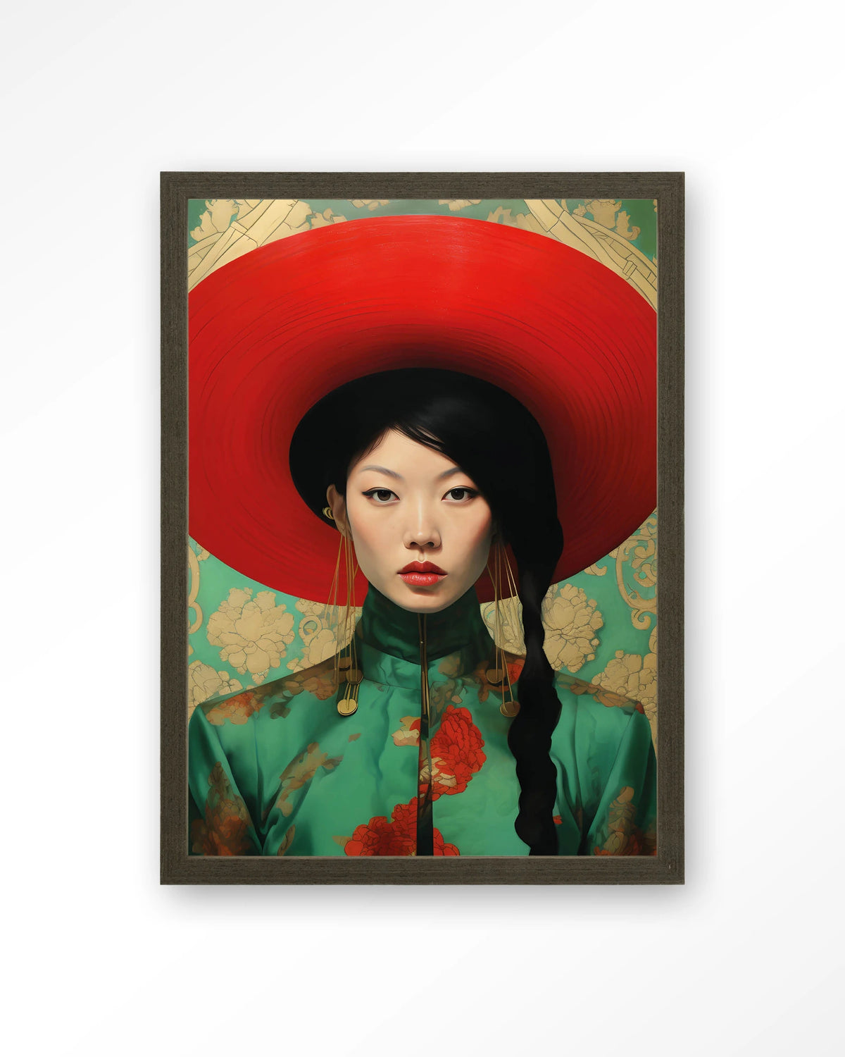 Amy – portret van Aziatische vrouw met rode hoed – Art print – Hout donkerbruin