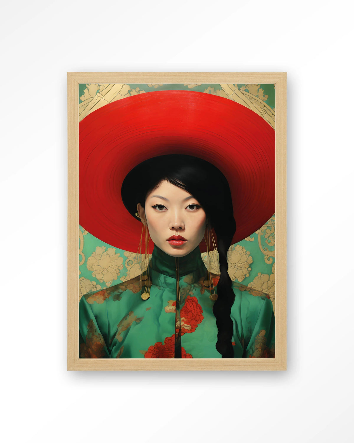 Amy – portret van Aziatische vrouw met rode hoed – Art print – Hout naturel