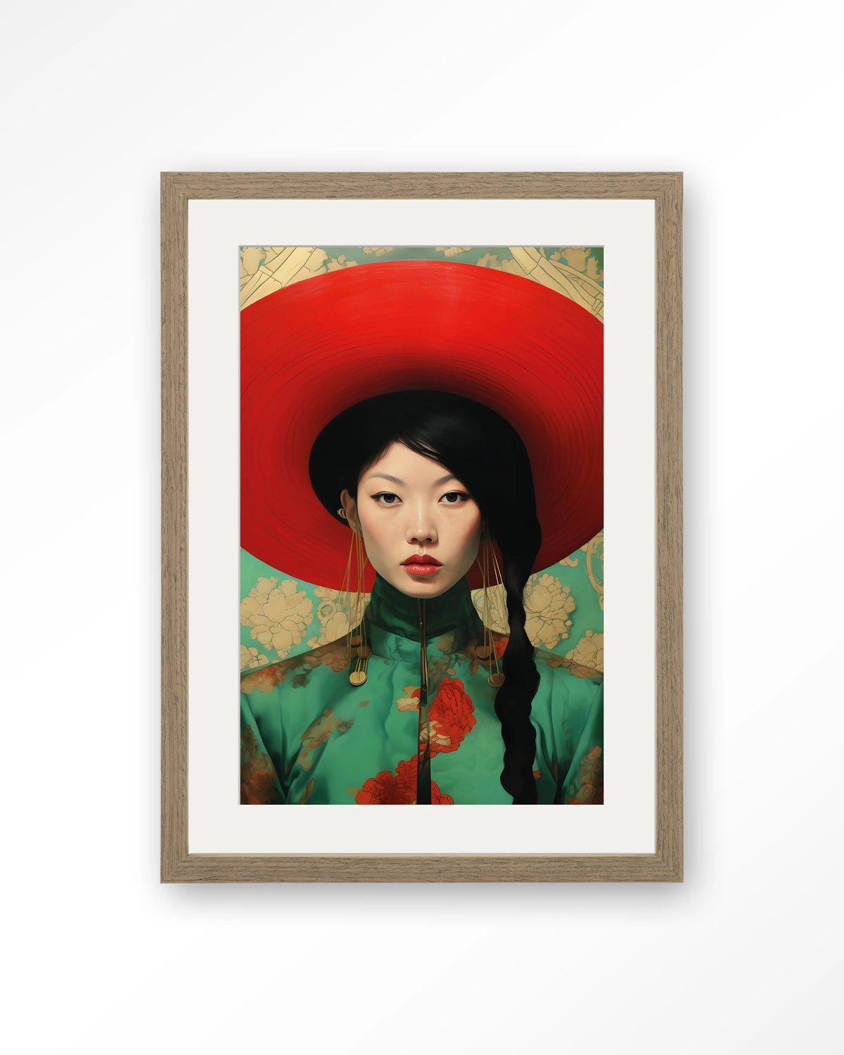 Bound Together – portret van Aziatische vrouw met rode hoed – Art print – Hout bruin + passe-partout