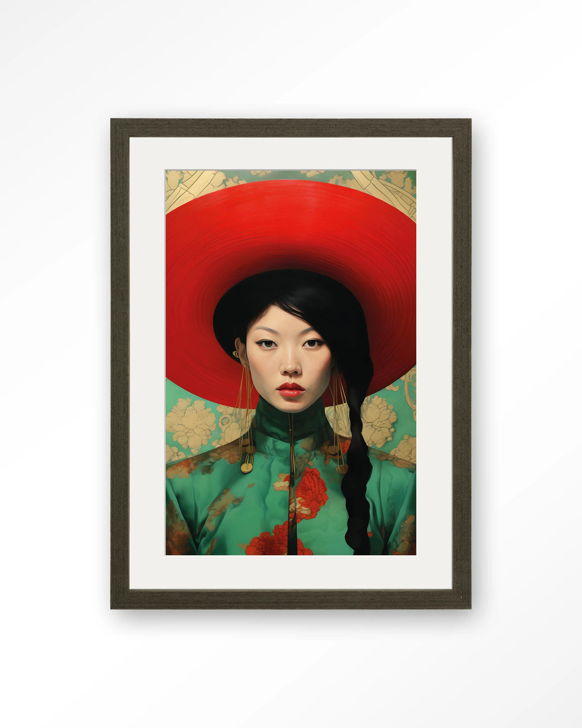 Amy – portret van Aziatische vrouw met rode hoed – Art print – Hout donkerbruin + passe-partout