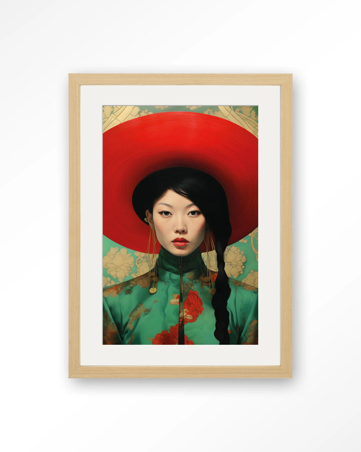 Bound Together – portret van Aziatische vrouw met rode hoed – Art print – Hout naturel + passe-partout