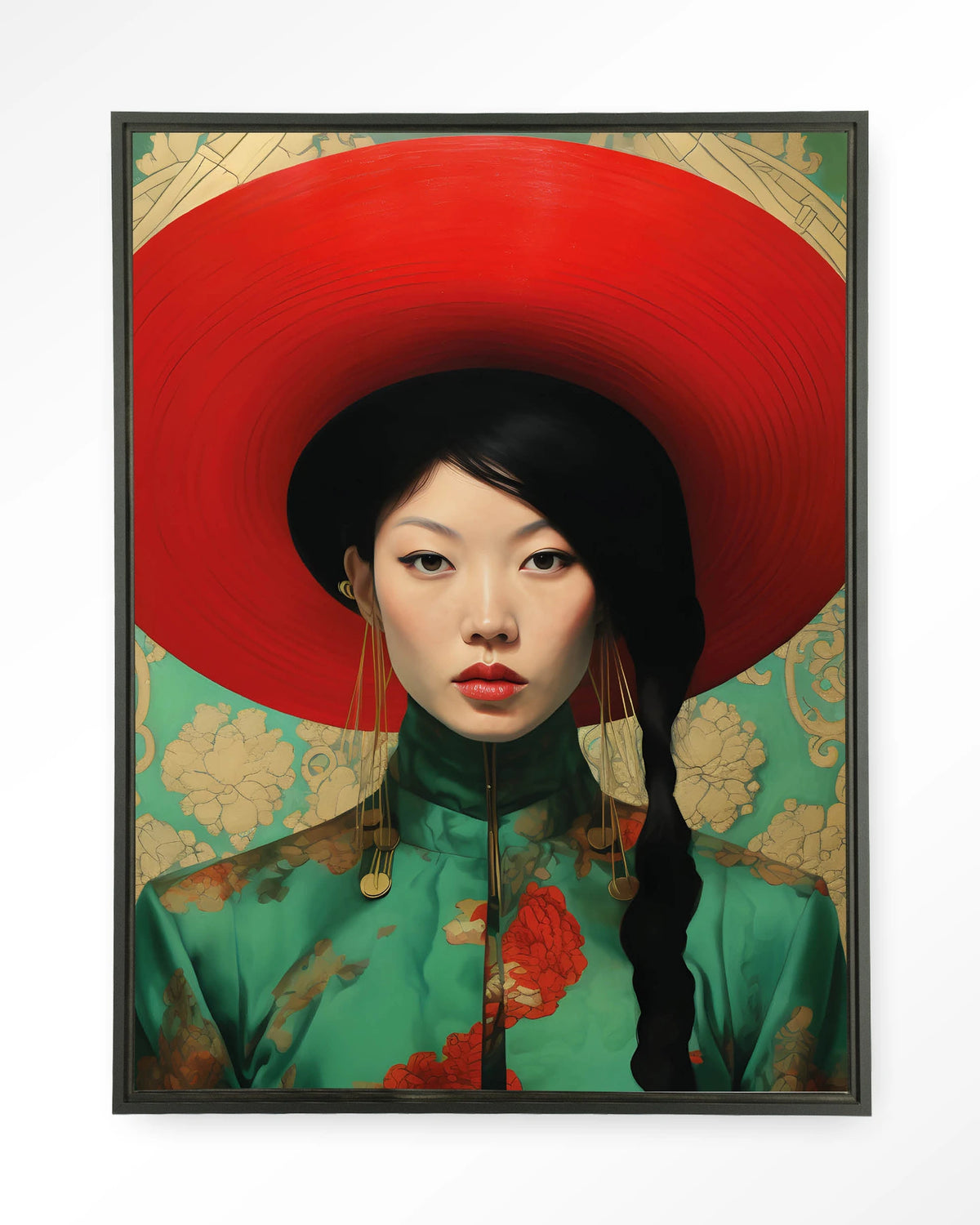 Amy – portret van Aziatische vrouw met rode hoed – Wandkleed – Floating frame – zwart