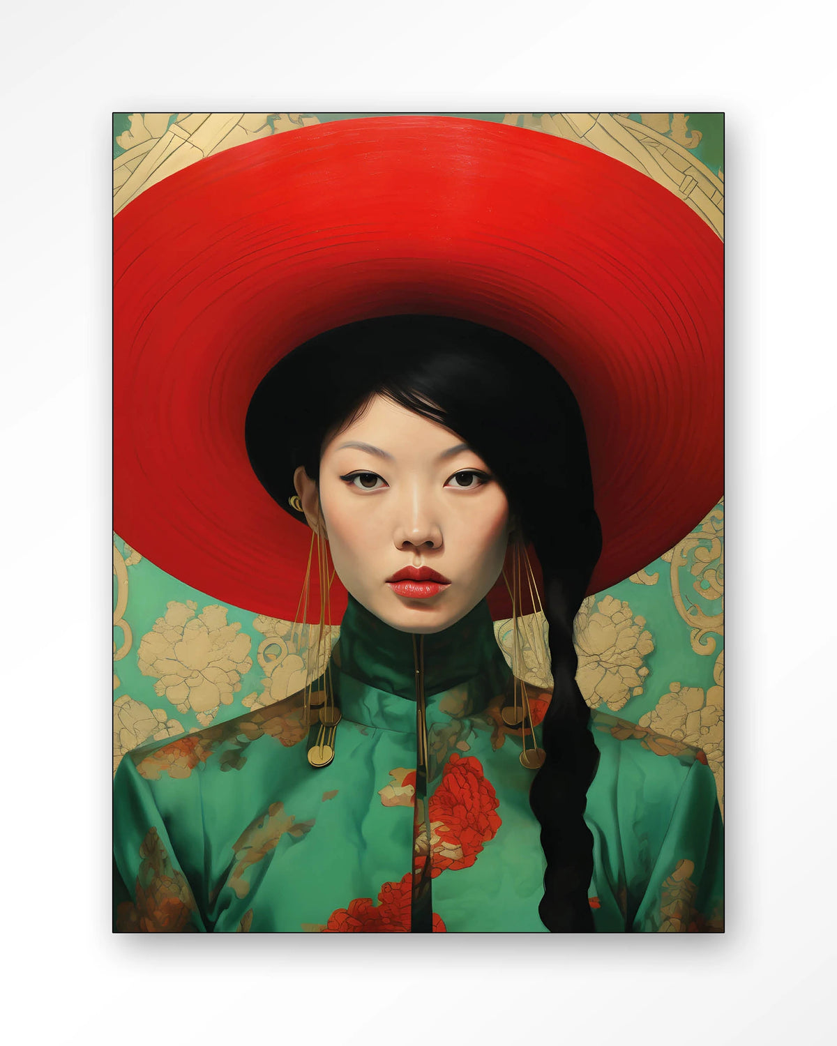 Amy – portret van Aziatische vrouw met rode hoed – Wandkleed – Frame – zwart
