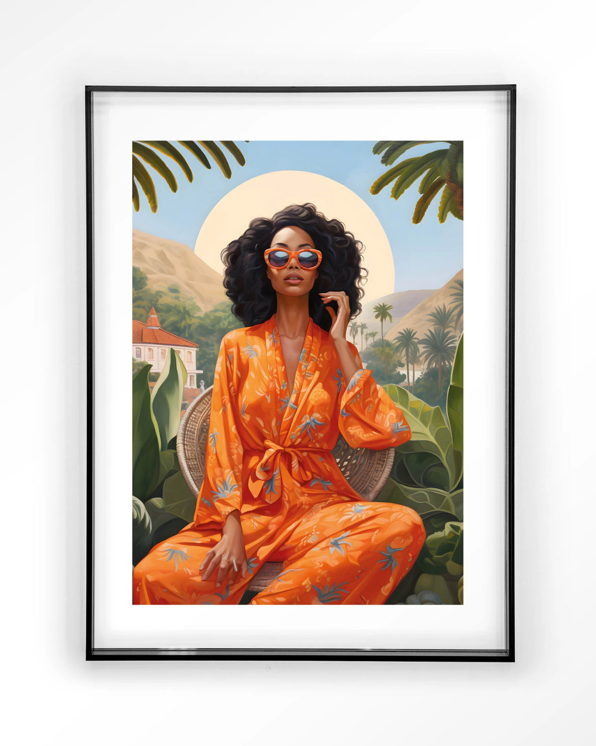 Mia – vrouw in oranje kimono bij palmen – Art print – Acryl zwart