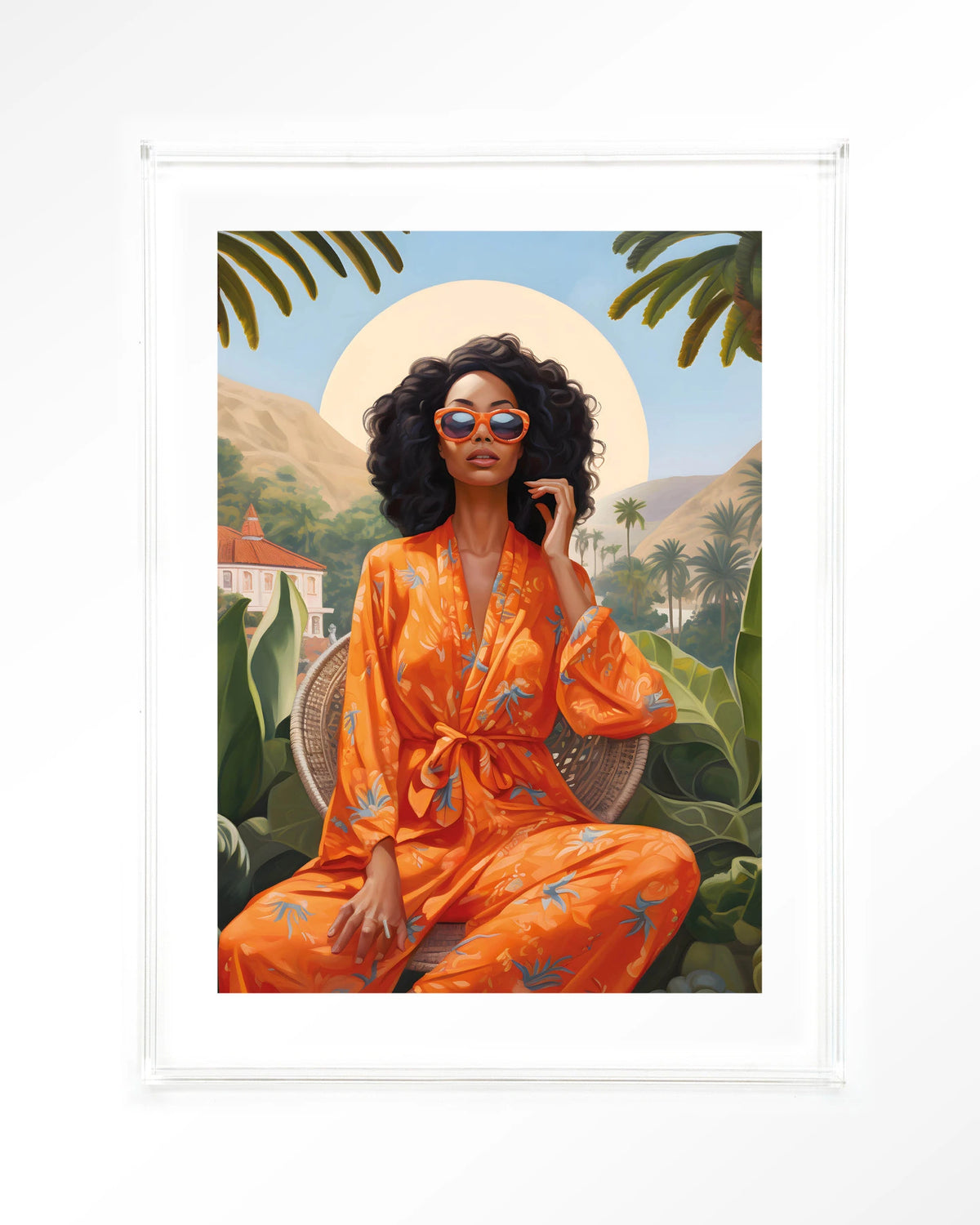 Mia – vrouw in oranje kimono bij palmen – Art print – Acryl doorzichtig