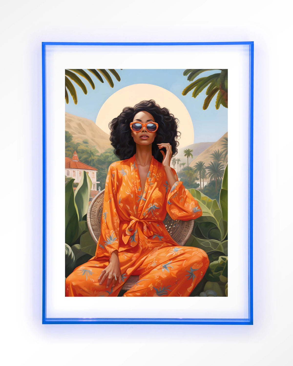 Mia – vrouw in oranje kimono bij palmen – Art print – Acryl lichtblauw