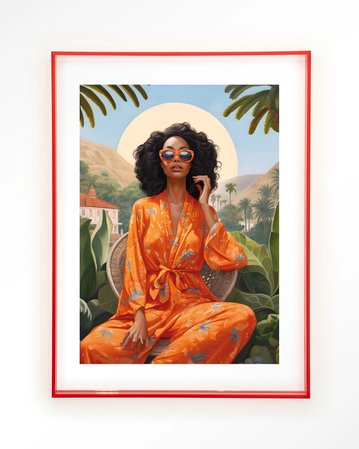 Mia – vrouw in oranje kimono bij palmen – Art print – Acryl roze