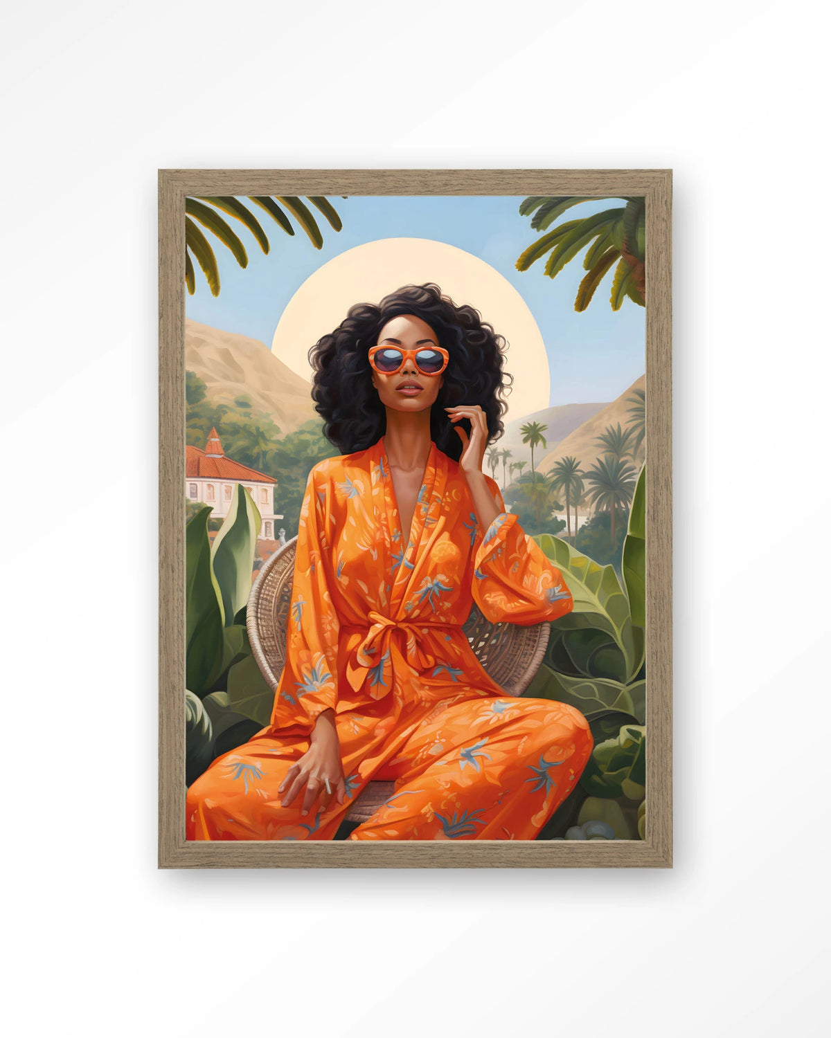 Mia – vrouw in oranje kimono bij palmen – Art print – Hout bruin