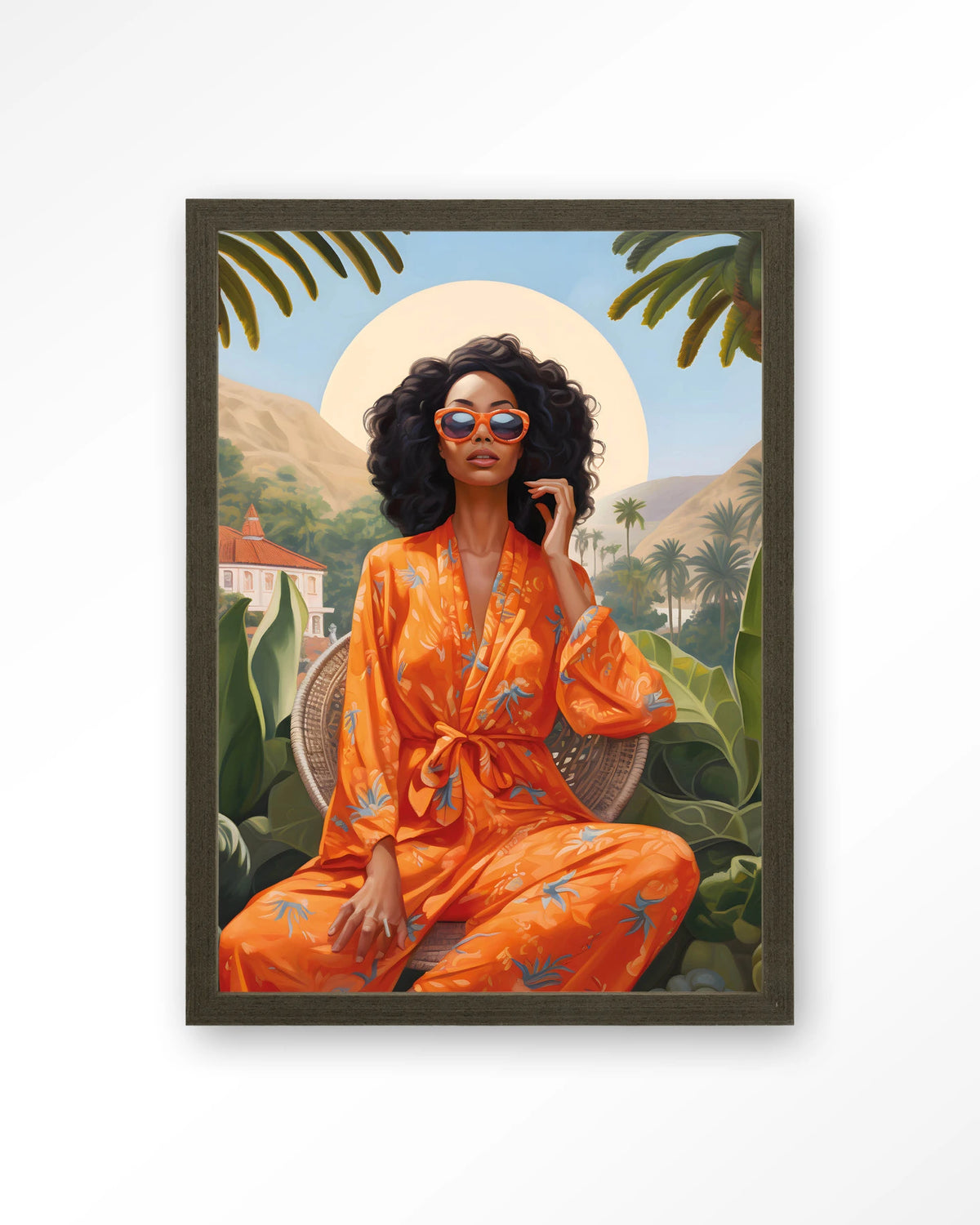 Mia – vrouw in oranje kimono bij palmen – Art print – Hout donkerbruin