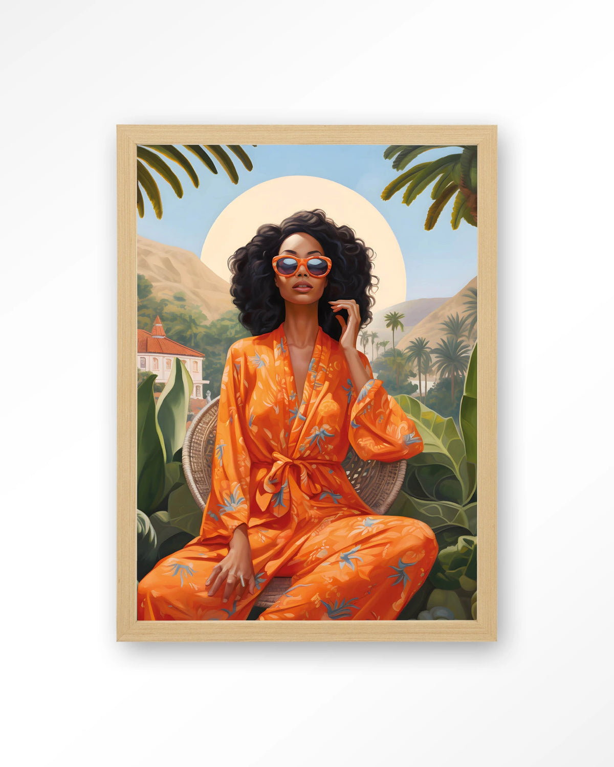 Mia – vrouw in oranje kimono bij palmen – Art print – Hout naturel