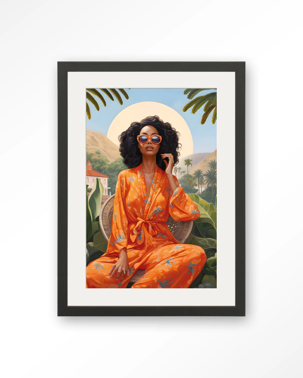 Mia – vrouw in oranje kimono bij palmen – Art print – Hout zwart + passe-partout