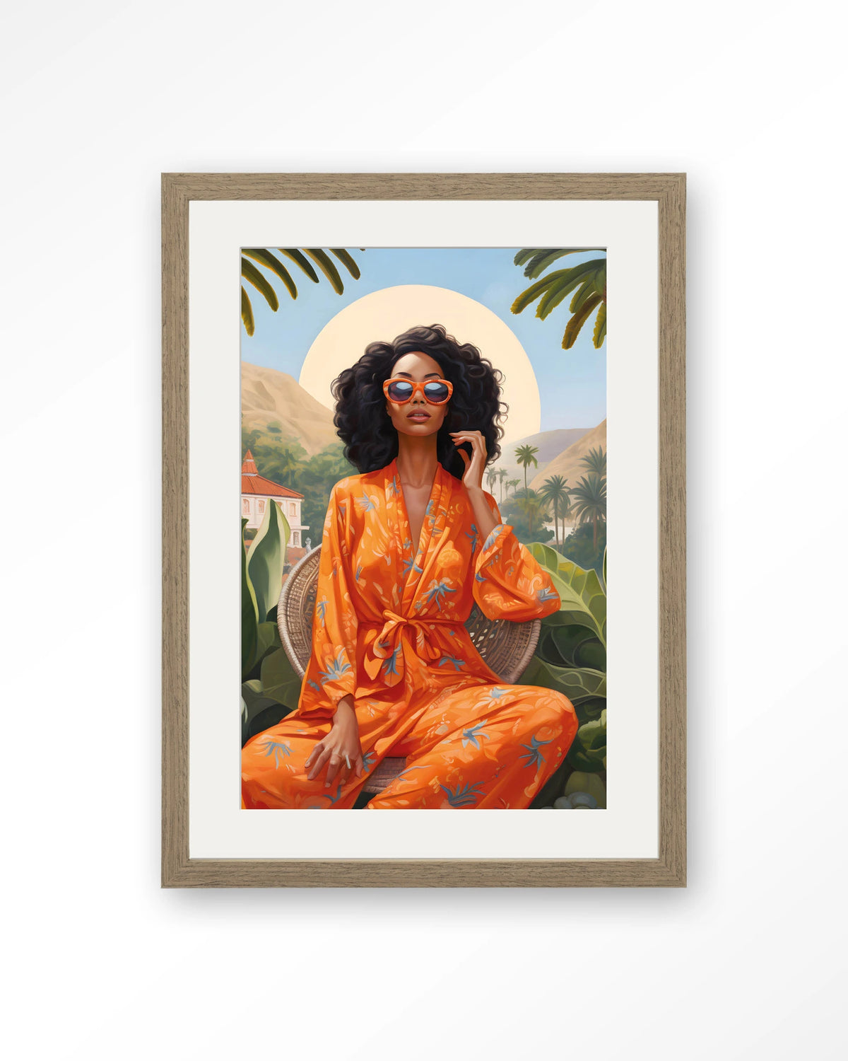 Mia – vrouw in oranje kimono bij palmen – Art print – Hout bruin + passe-partout