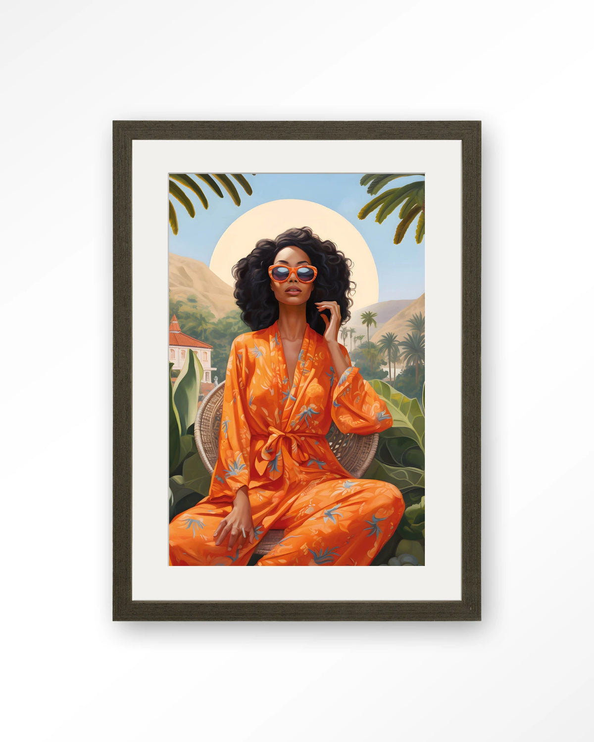 Mia – vrouw in oranje kimono bij palmen – Art print – Hout donkerbruin + passe-partout