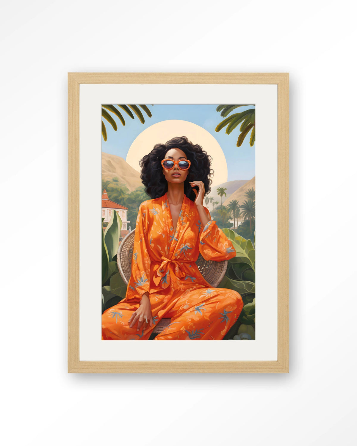 Mia – vrouw in oranje kimono bij palmen – Art print – Hout naturel + passe-partout