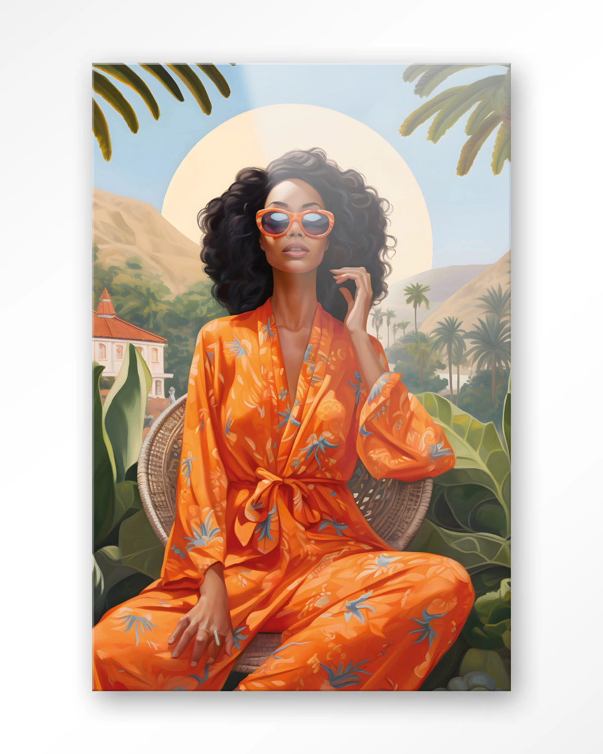Mia – vrouw in oranje kimono bij palmen – Glas – Blinde montage