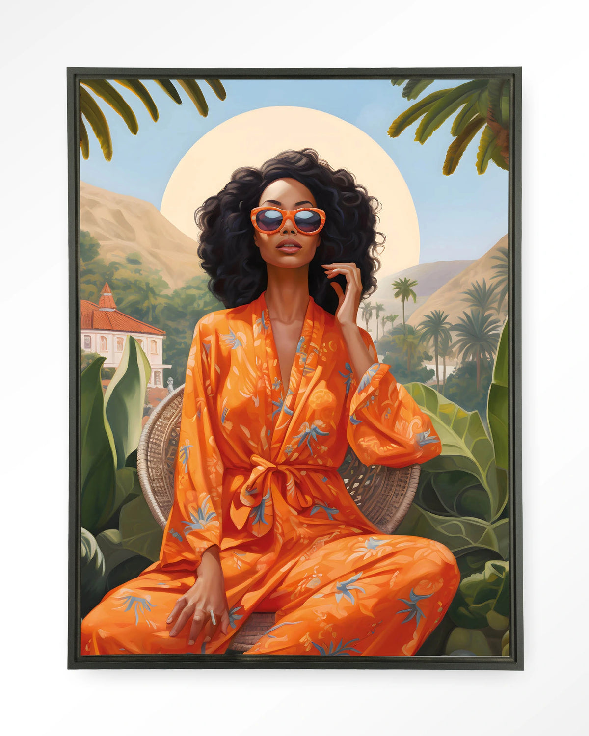 Mia – vrouw in oranje kimono bij palmen – Wandkleed – Floating frame – zwart