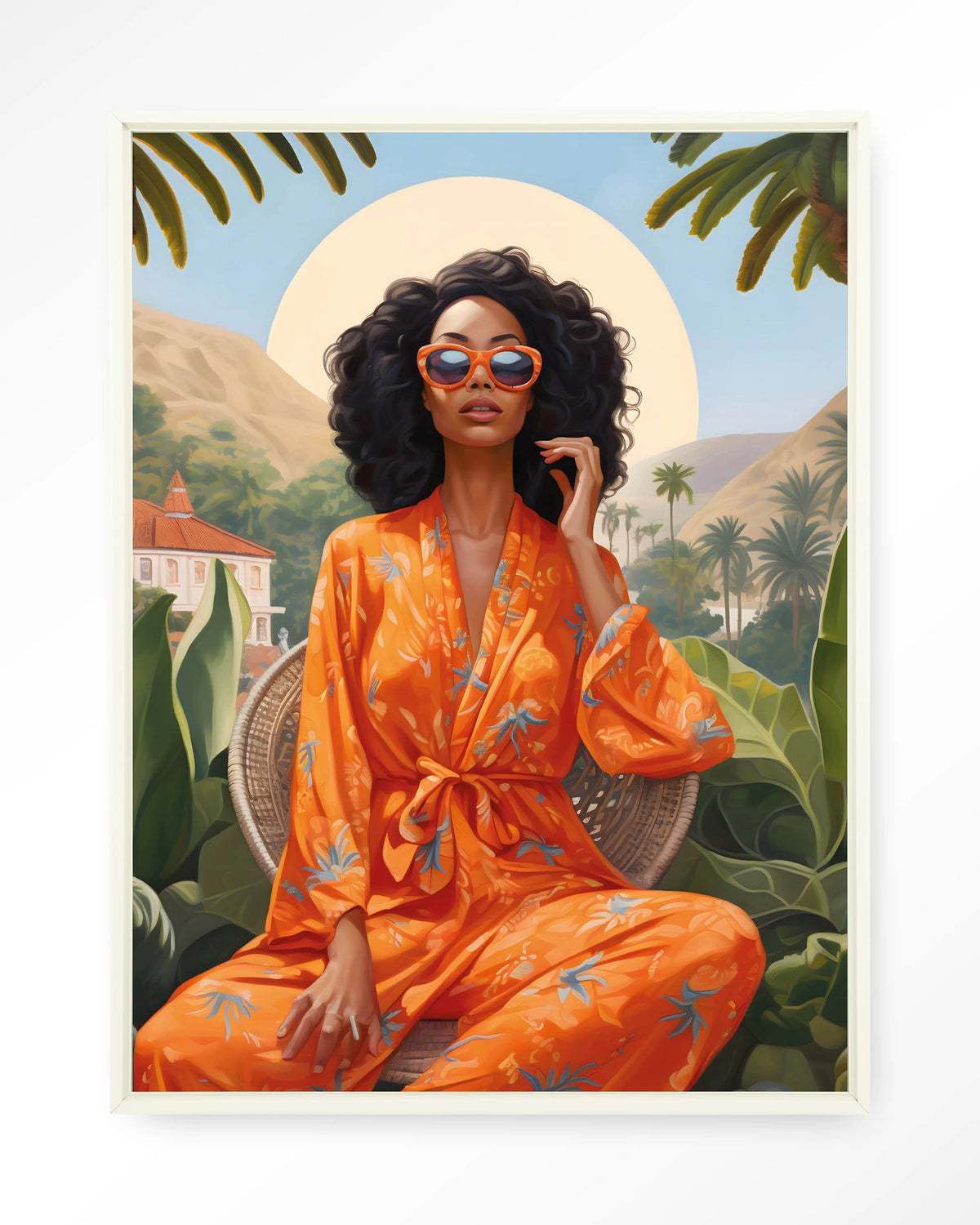 Mia – vrouw in oranje kimono bij palmen – Wandkleed – Floating frame – wit