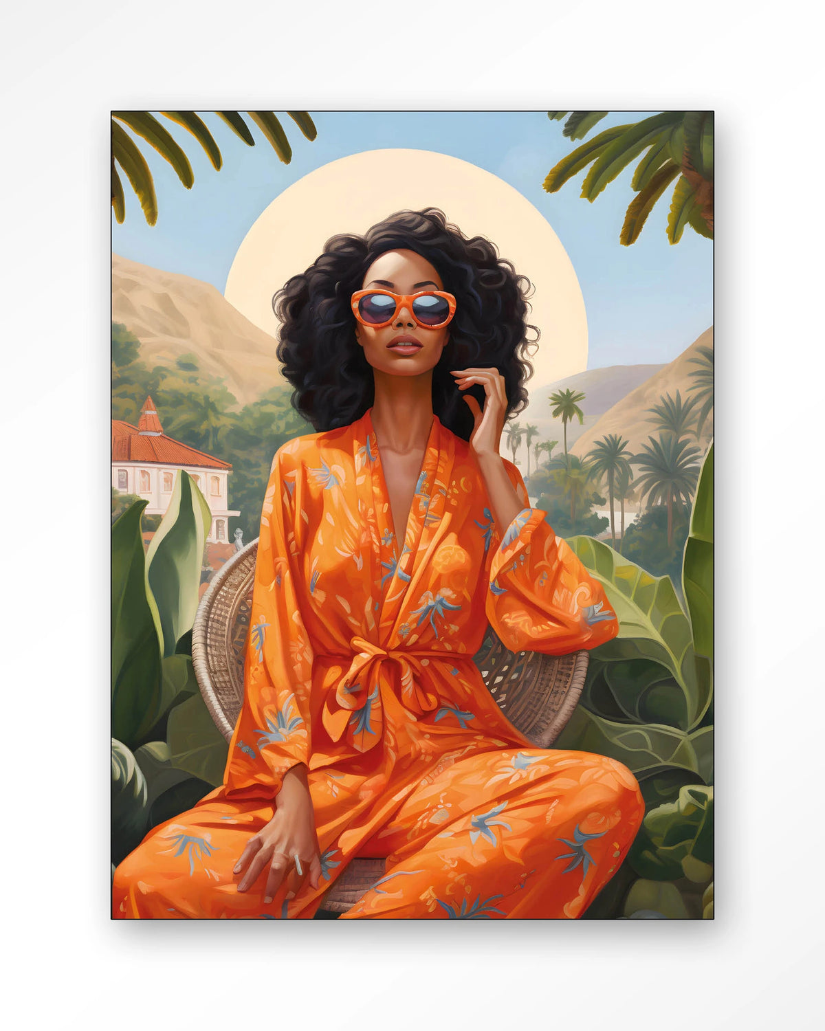 Connected Curves – vrouw in oranje pyjama met zonnebril – Wandkleed – Frame – zwart