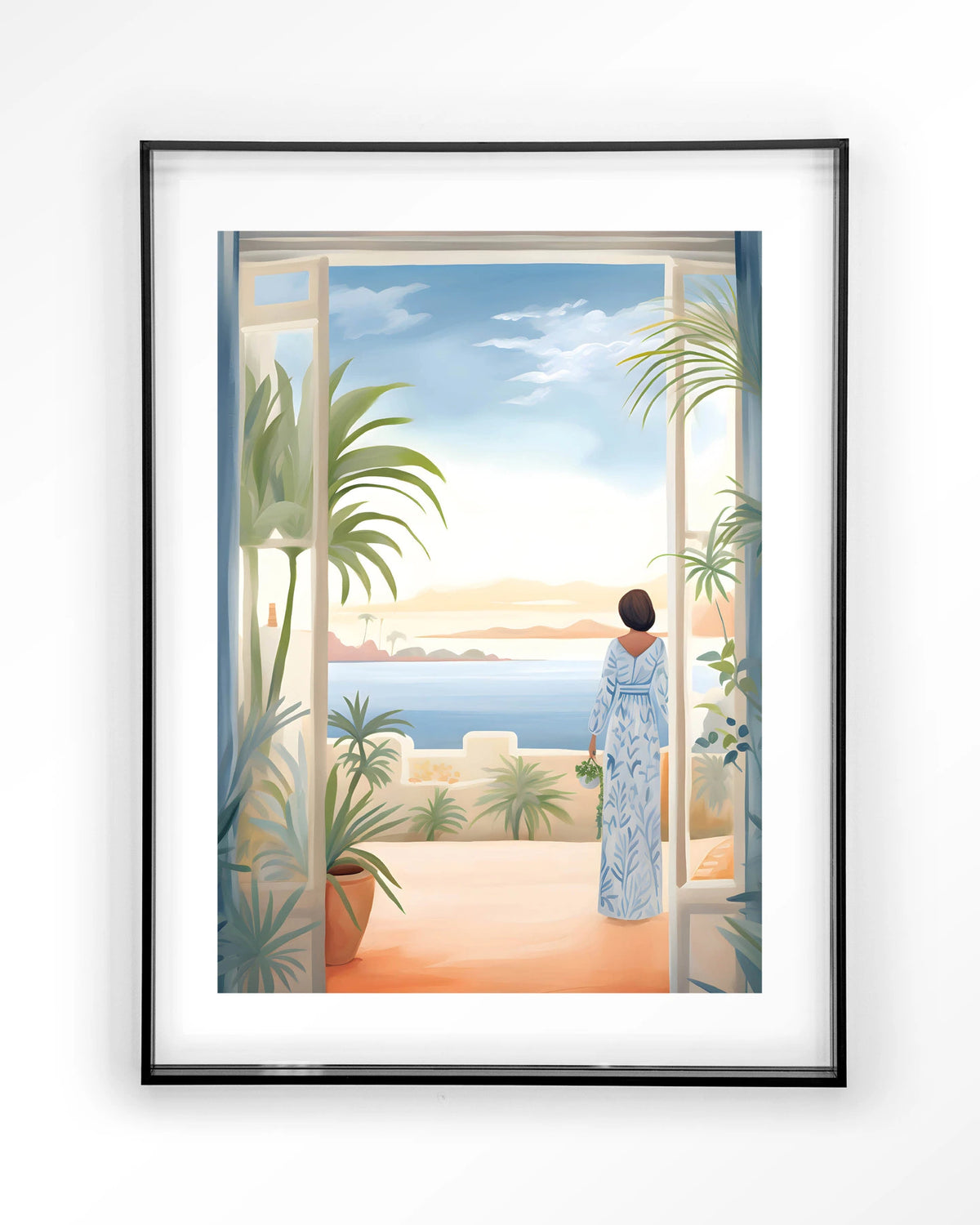 Florine – vrouw met zeezicht en planten – Art print – Acryl zwart