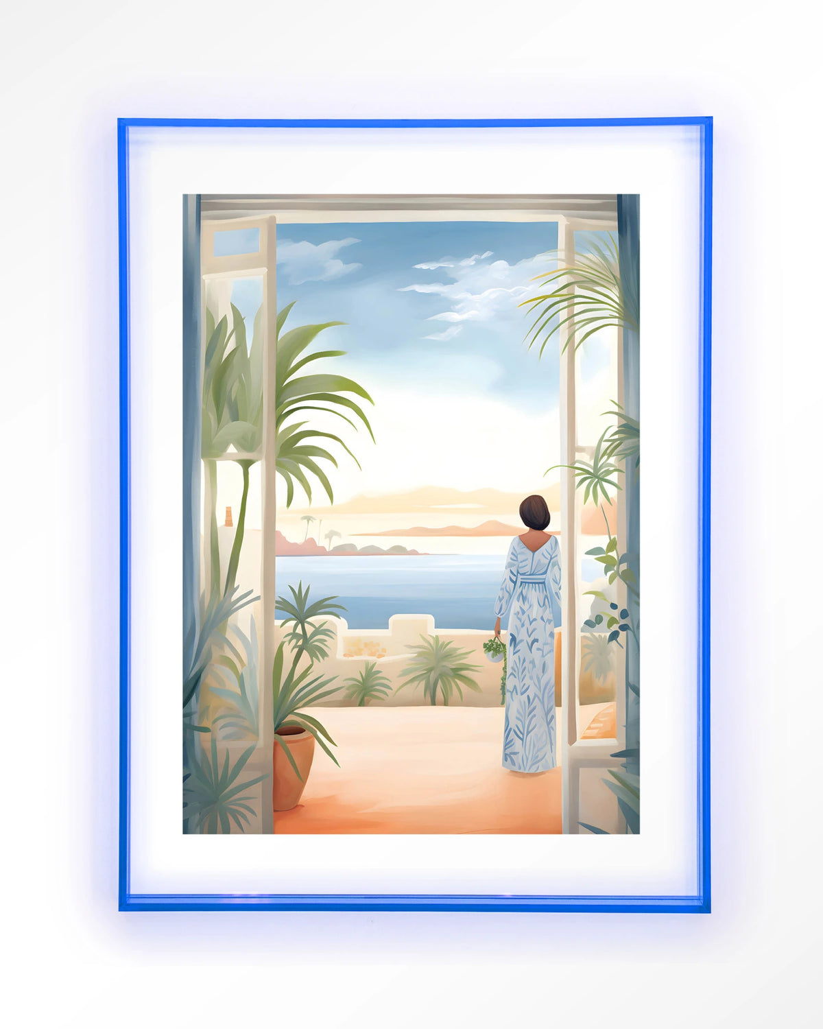 Florine – vrouw met zeezicht en planten – Art print – Acryl lichtblauw