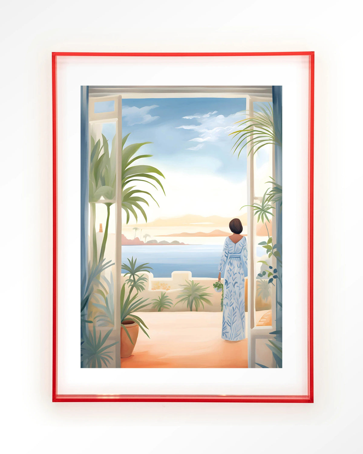 Florine – vrouw met zeezicht en planten – Art print – Acryl roze