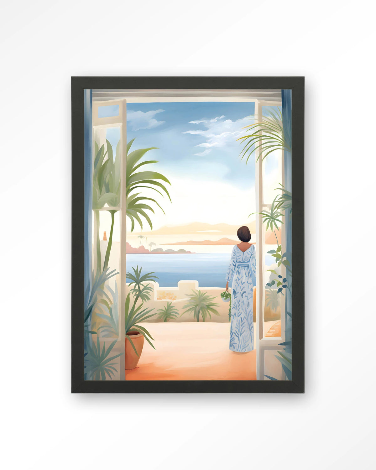 Florine – vrouw met zeezicht en planten – Art print – Hout zwart
