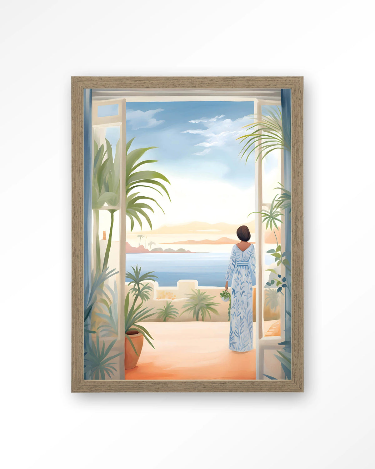 Florine – vrouw met zeezicht en planten – Art print – Hout bruin