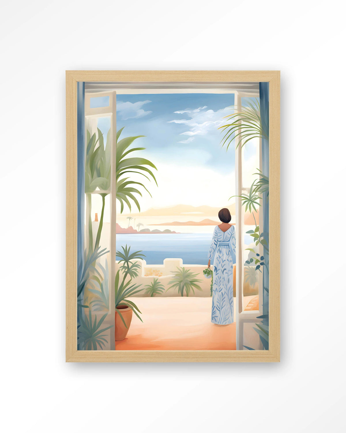 Florine – vrouw met zeezicht en planten – Art print – Hout naturel
